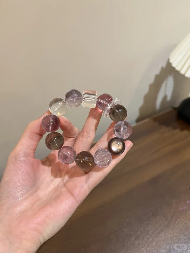 Hand-strung beads — amber, violet and clear crystal